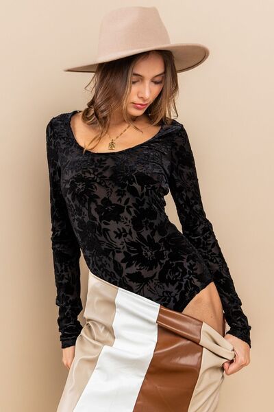 Ces Femme Velvet Floral Long Sleeve Bodysuit - felvior