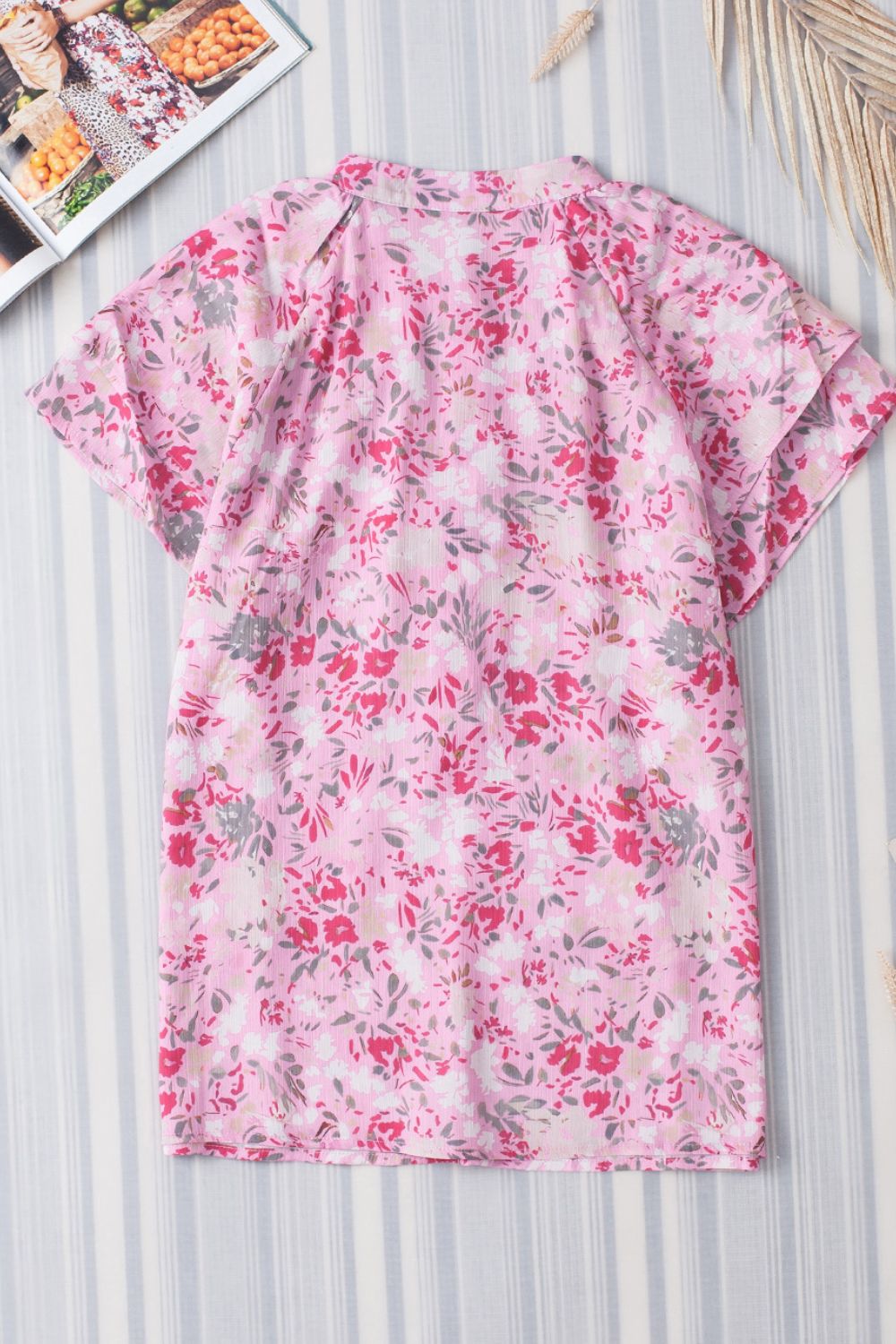 Floral Half Button Round Neck Short Sleeve Blouse - felvior