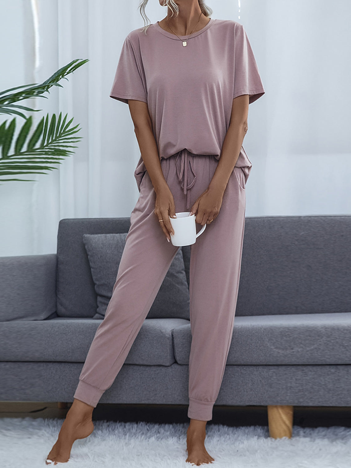 Shiny Round Neck Short Sleeve Top and Pants Set - felvior
