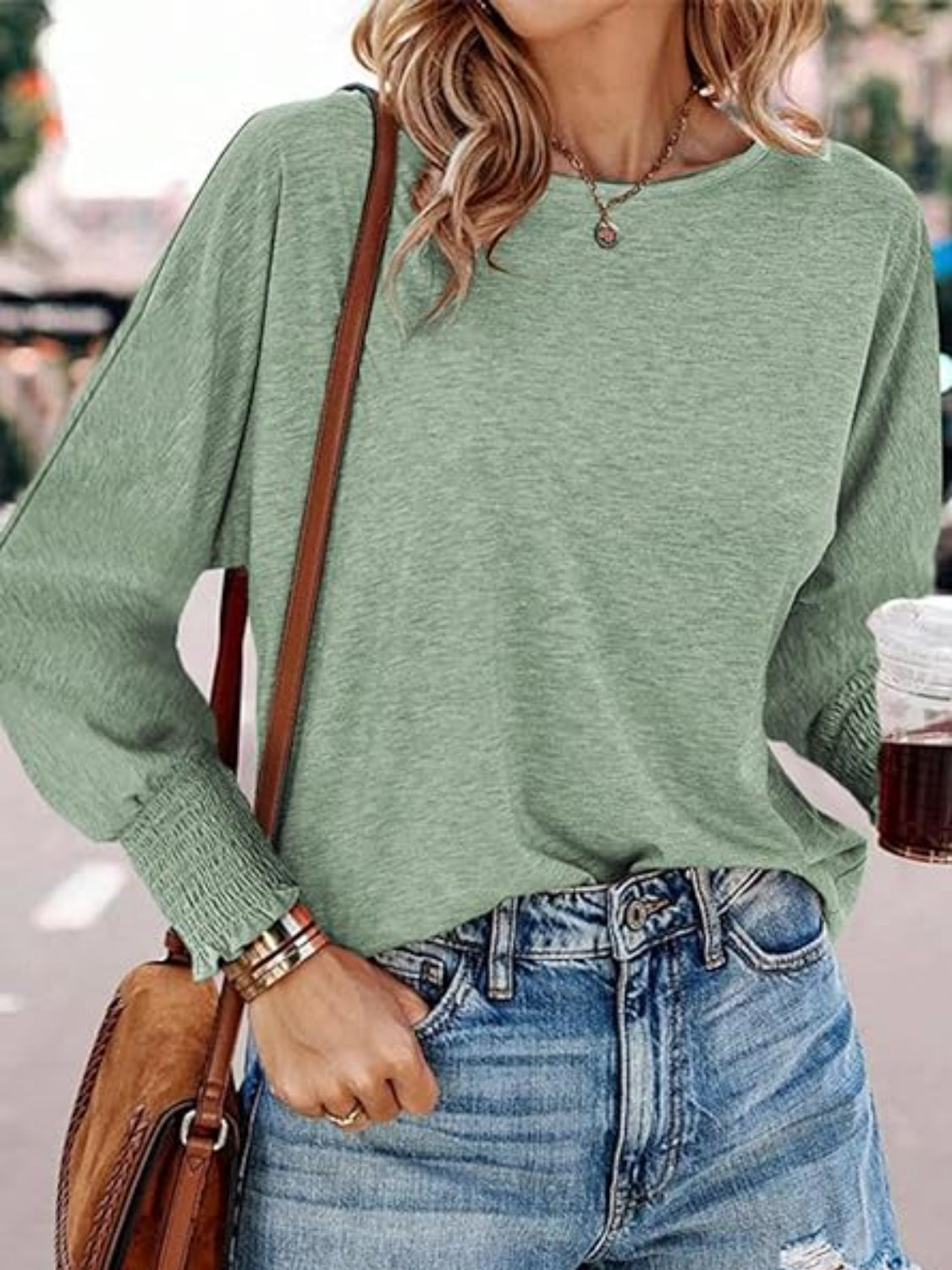 Round Neck Smocked Lantern Sleeve T-Shirt - felvior
