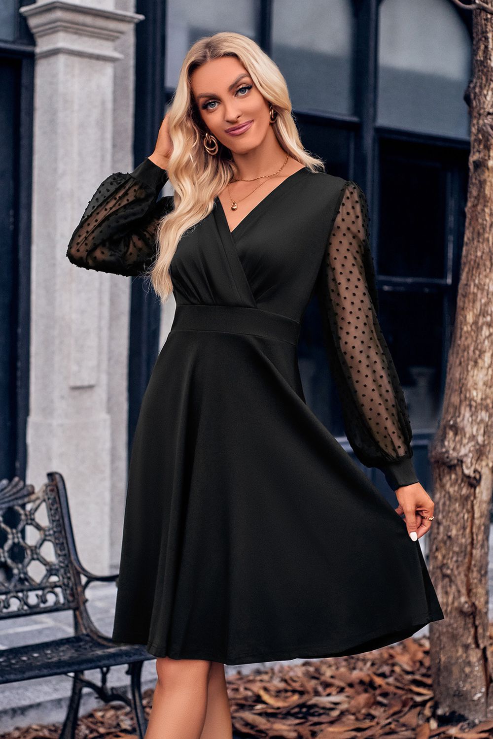 Surplice Neck Swiss Dot Long Sleeve Dress - felvior