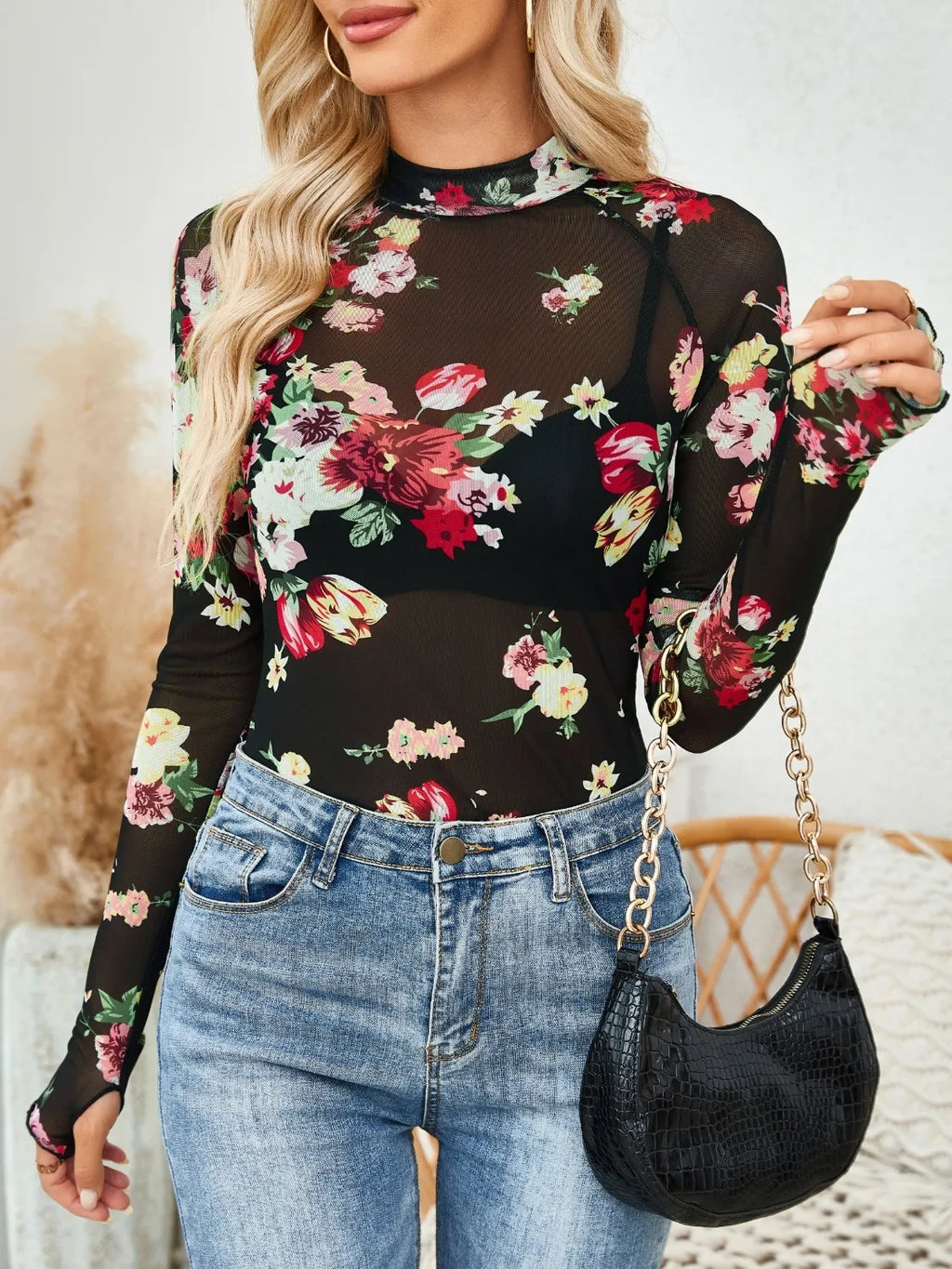 Floral Mock Neck Long Sleeve Top