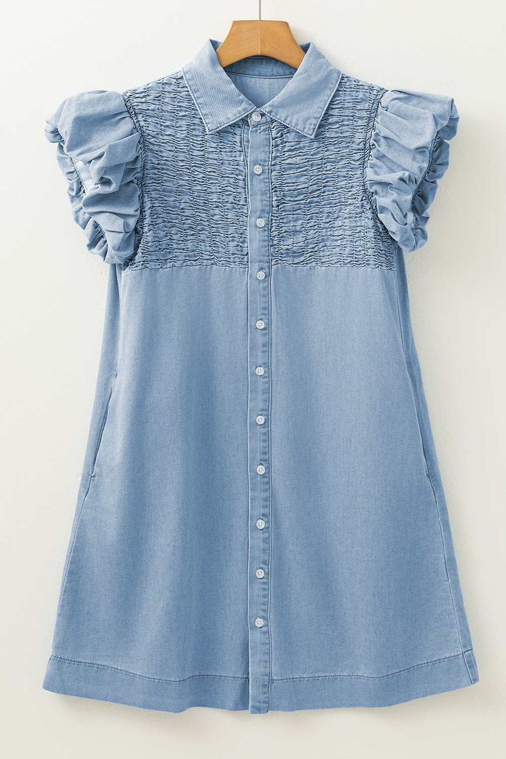 Smocked Collared Neck Cap Sleeve Denim Dress - felvior