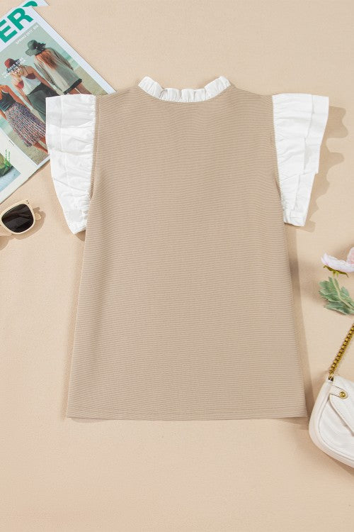 Ruffled Notched Cap Sleeve Top - felvior
