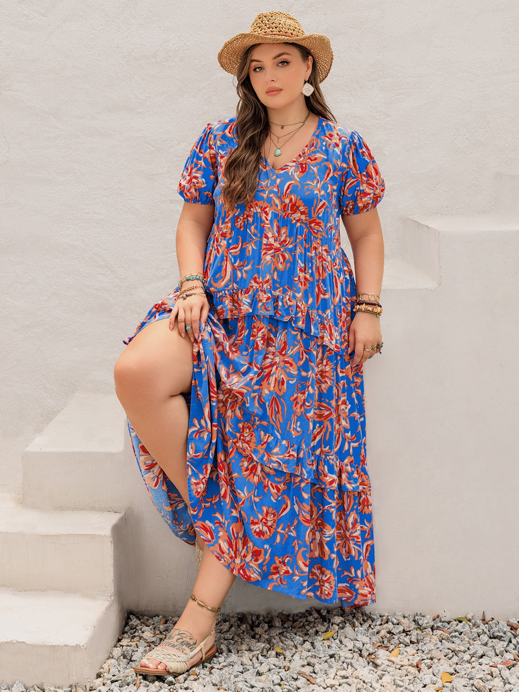 Plus Size Ruffled Printed V-Neck Short Sleeve Maxi Dress