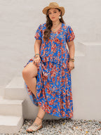 Plus Size Ruffled Printed V-Neck Short Sleeve Maxi Dress