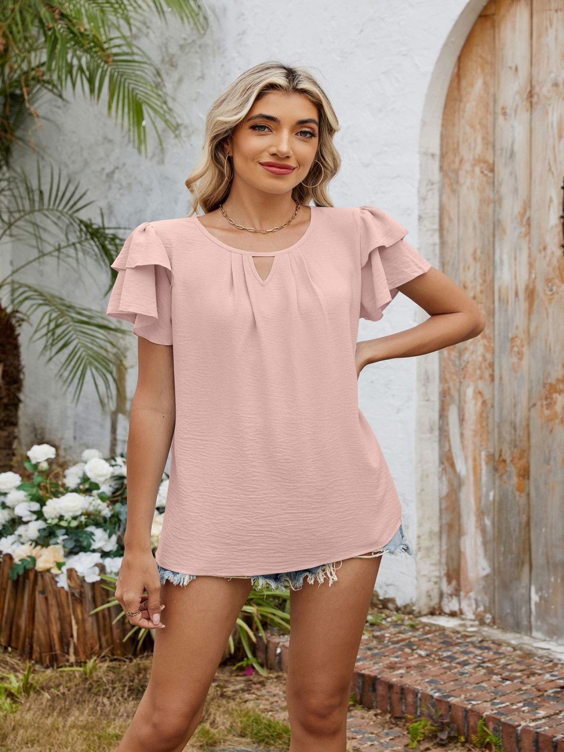 Cutout Round Neck Short Sleeve Blouse - felvior