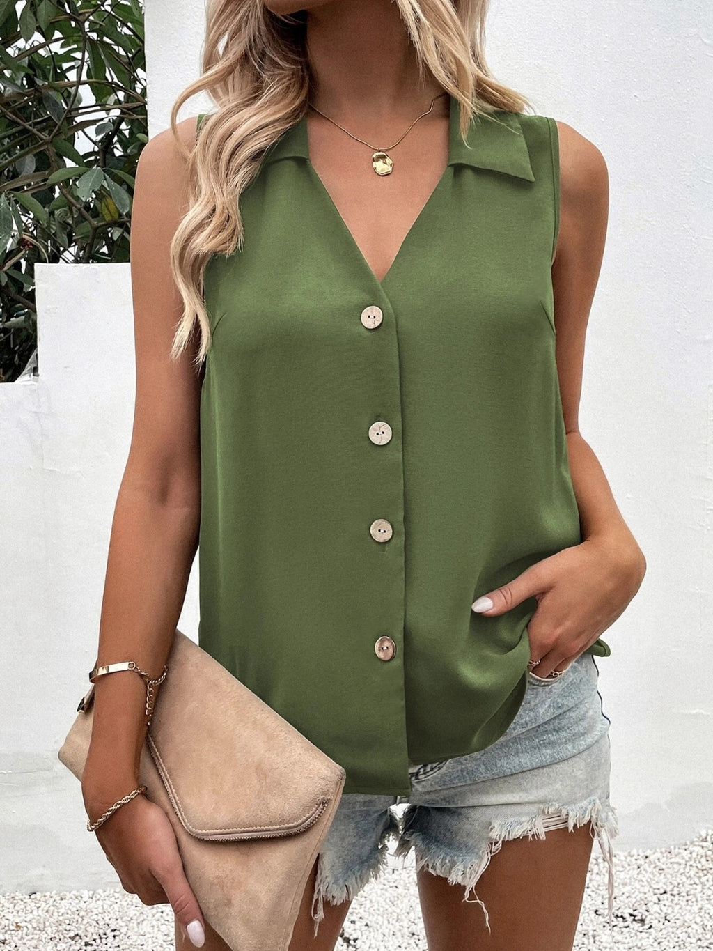 Full Size Johnny Collar Button Down Tank Plus Size