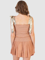 Smocked Tie Shoulder Top and Mini Skirt Set