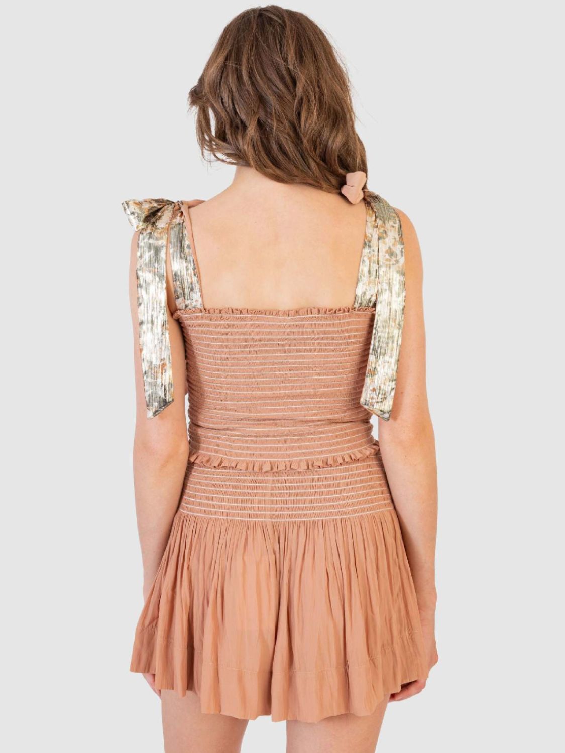 Smocked Tie Shoulder Top and Mini Skirt Set