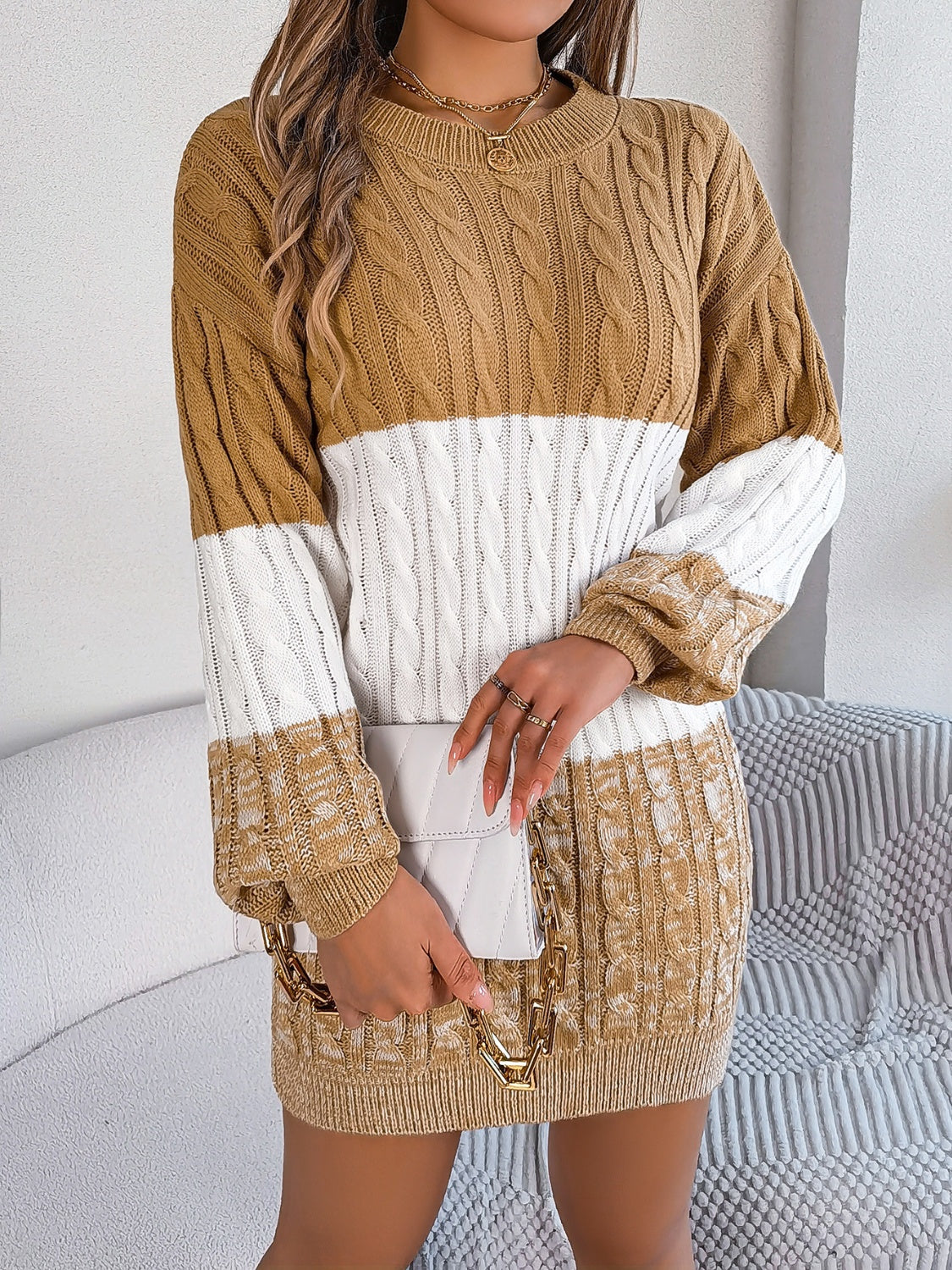 Cable-Knit Round Neck Color Block Sweater Dress - felvior