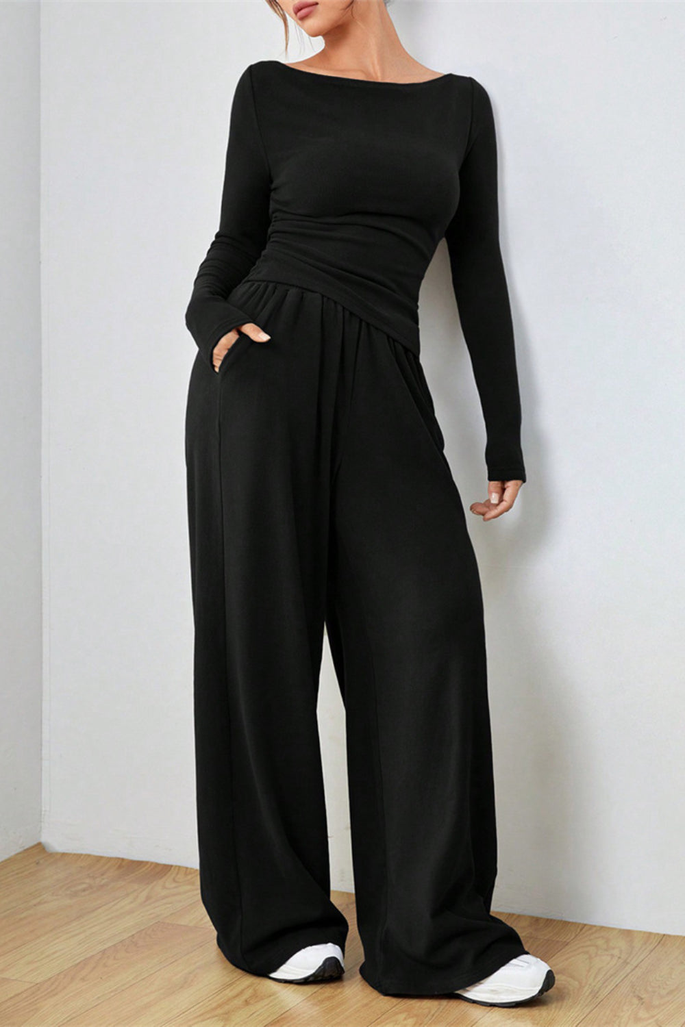 Boat Neck Long Sleeve Top and Pants Set - felvior