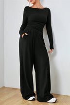 Boat Neck Long Sleeve Top and Pants Set