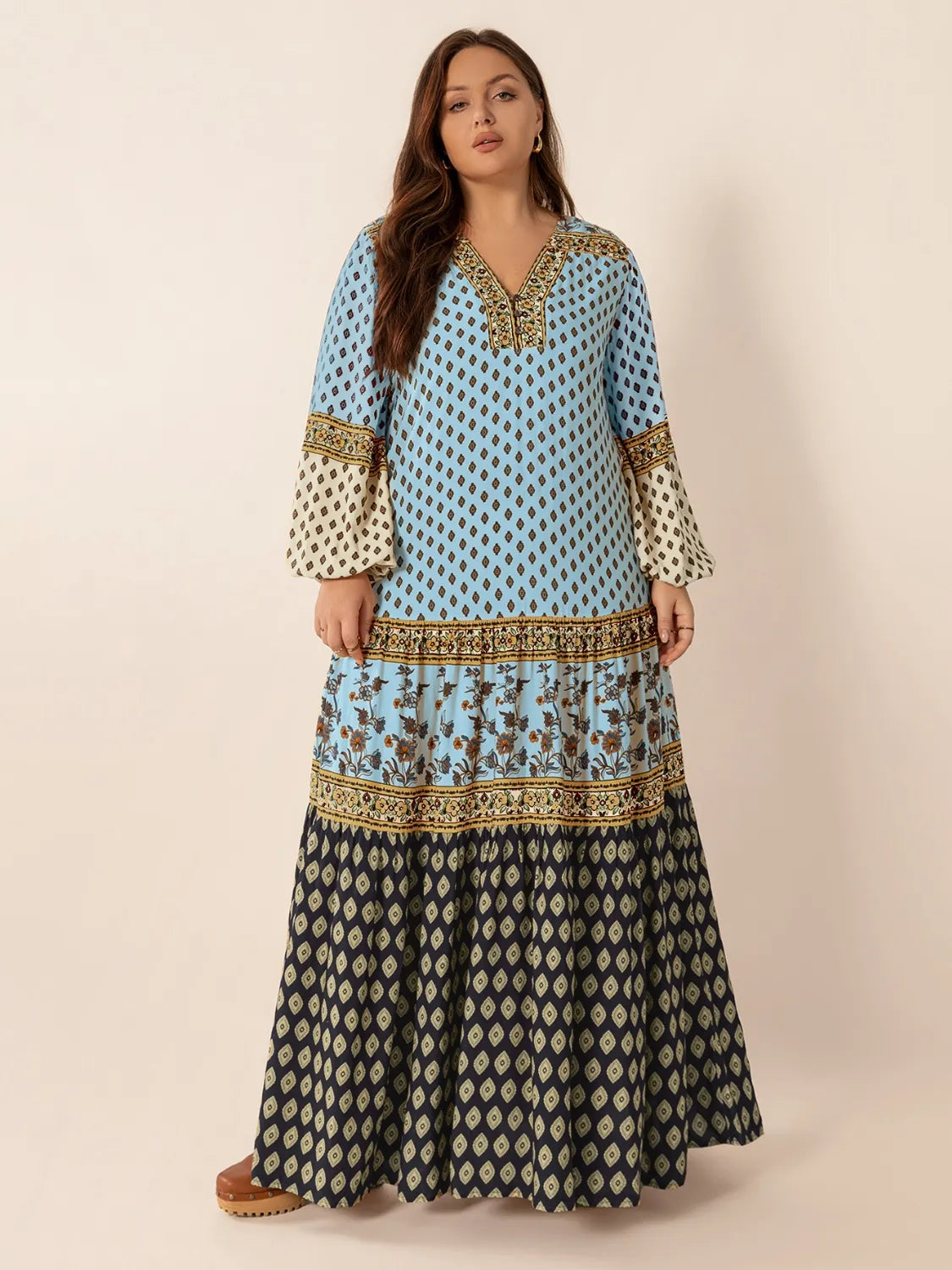 Plus Size Printed V-Neck Balloon Sleeve Maxi Dress