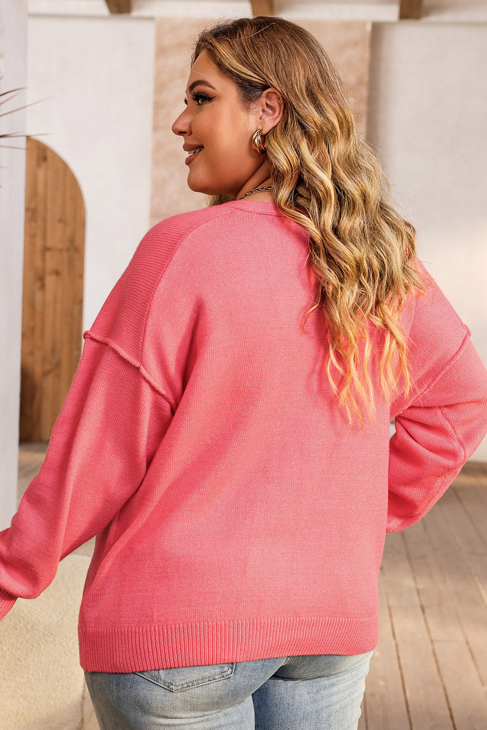 Plus Size V-Neck Dropped Shoulder Sweater - felvior