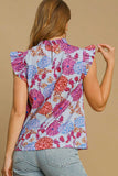 Umgee Full Size Floral Print Ruffled Cap Sleeve Blouse Plus Size