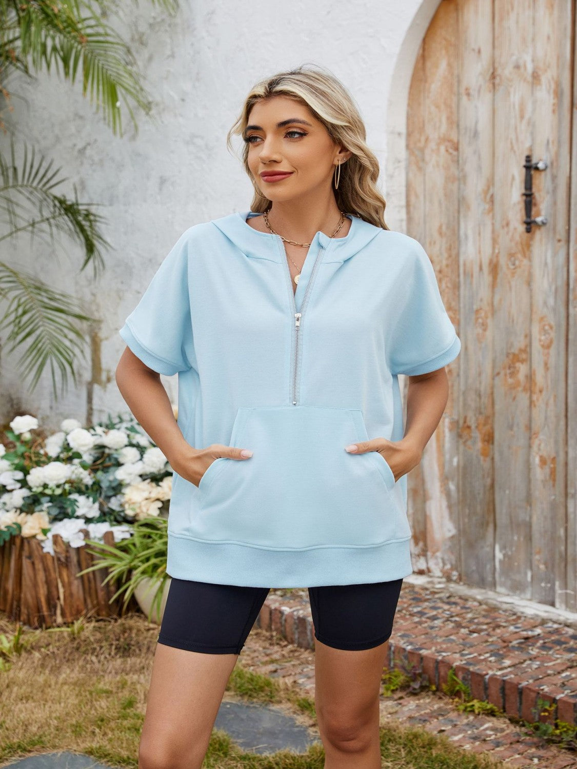 Half Zip Short Sleeve Hooded Top - felvior