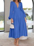 Deep V-Neck Balloon Sleeve Plain Maxi Dress - felvior
