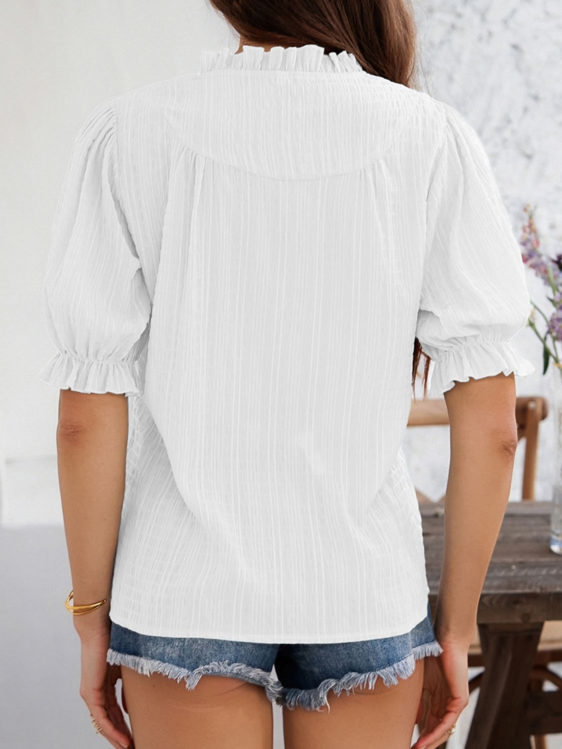Devine Frill Notched Short Sleeve Blouse - felvior
