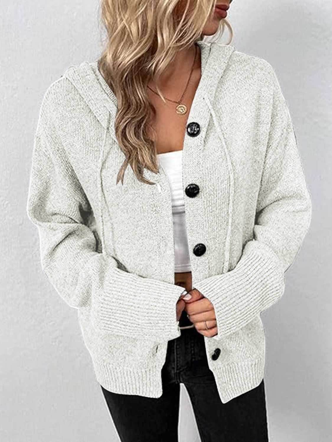 Button Up Drawstring Long Sleeve Hooded Cardigan - felvior