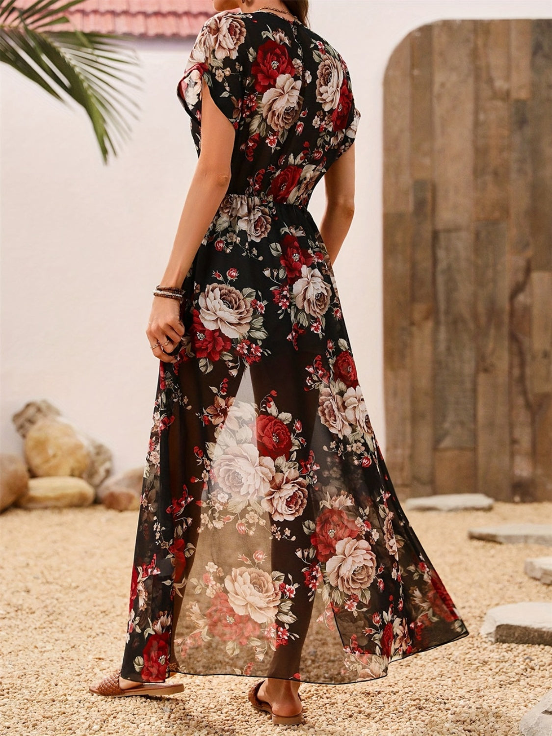 Slit Rose Printed Round Neck Short Sleeve Blouse - felvior