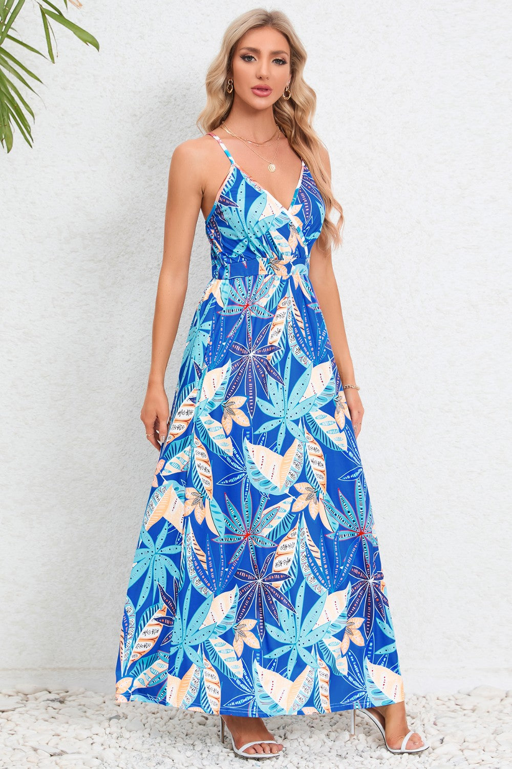 Printed Surplice Maxi Cami Dress - felvior