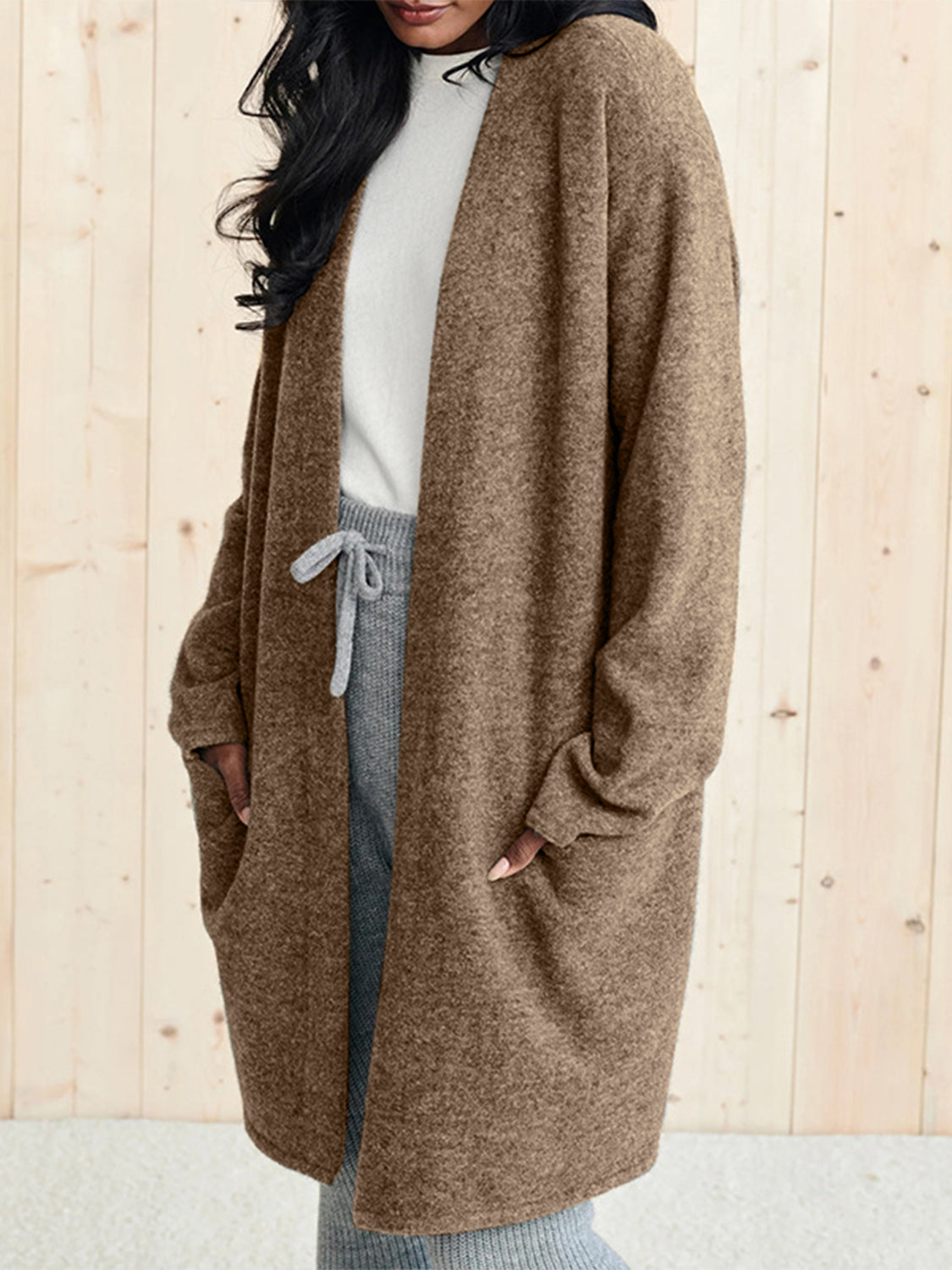 Open Front Long Sleeve Cardigan with Pockets - felvior
