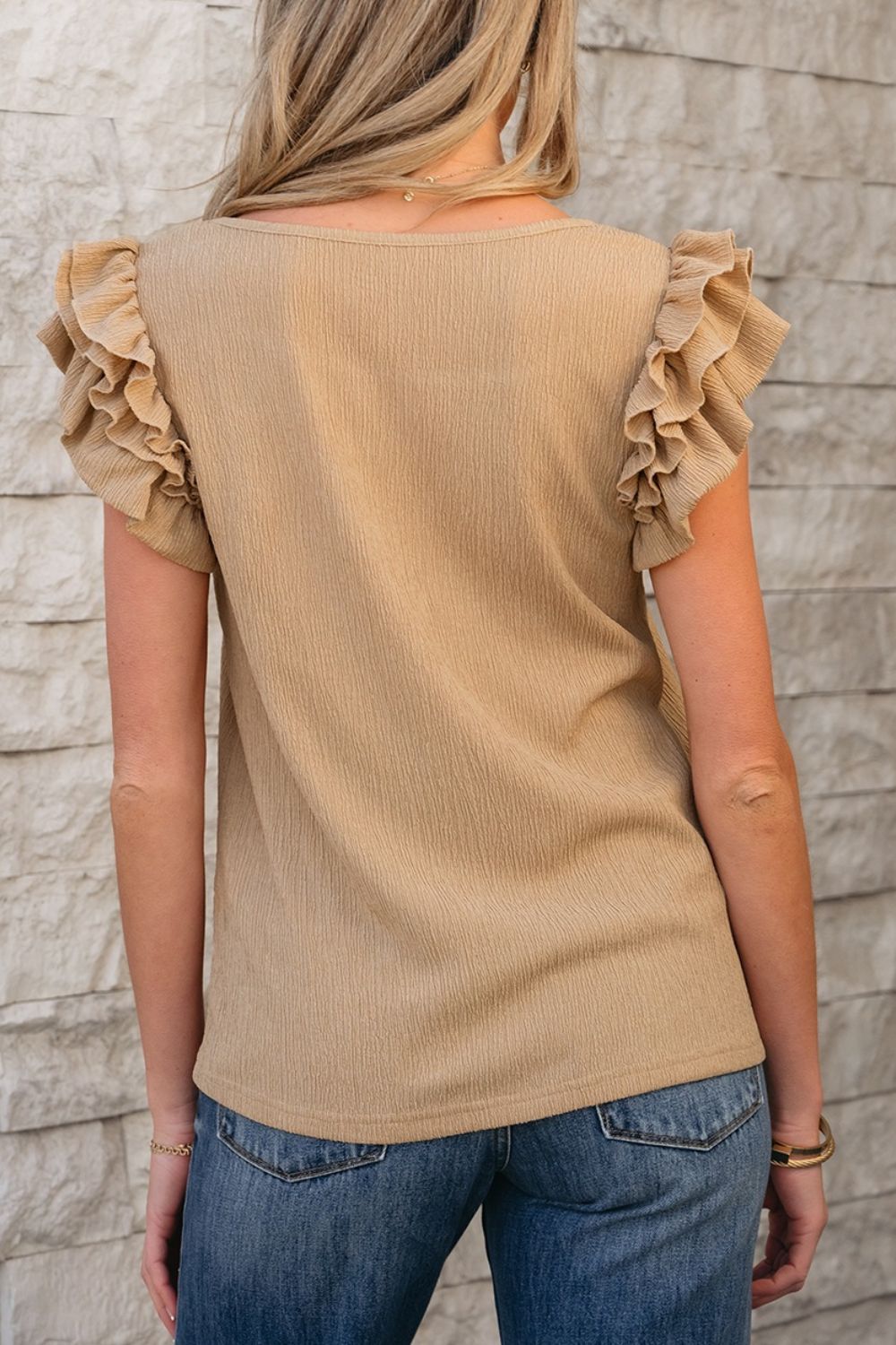 Ruffled Square Neck Textured Cap Sleeve Top