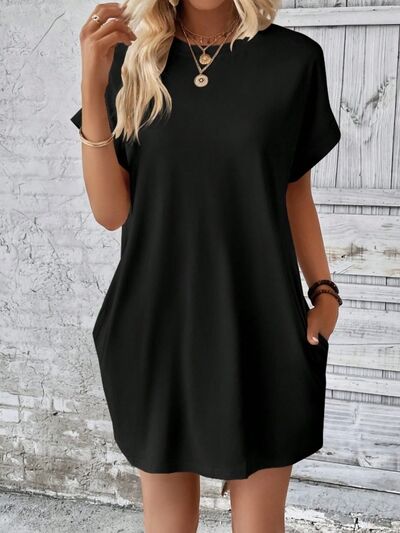 Pocketed Round Neck Short Sleeve Dress Hauptbild