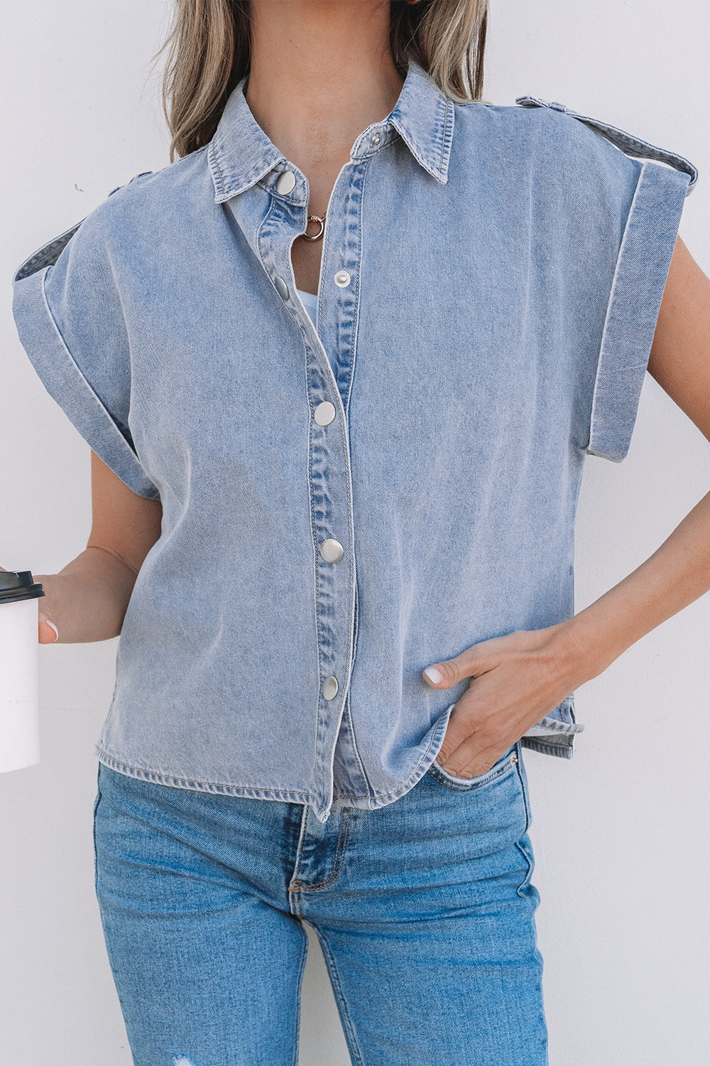 Snap Down Cap Sleeve Denim Top - felvior