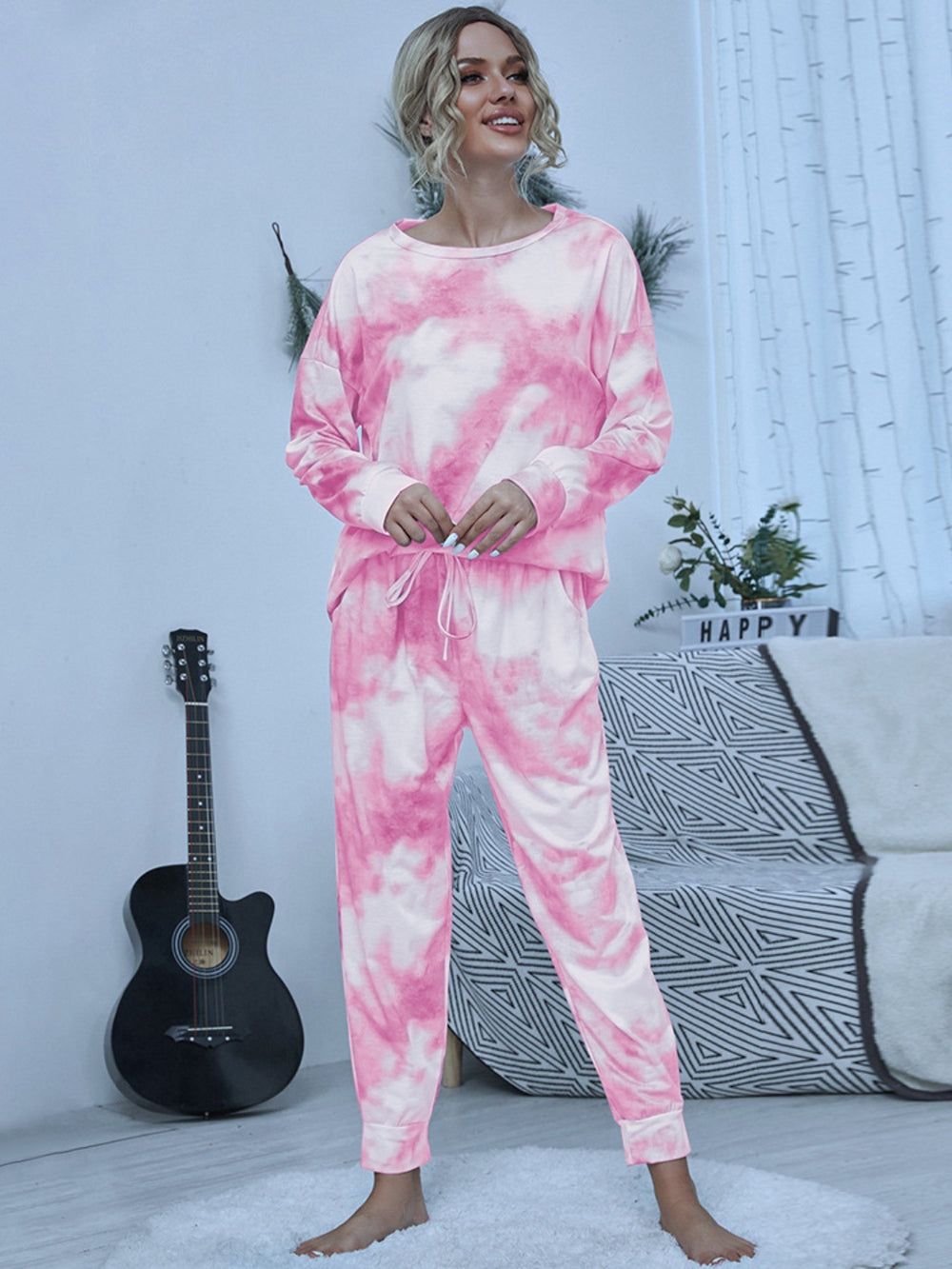 Shiny Tie-Dye Round Neck Top and Pants Lounge Set - felvior