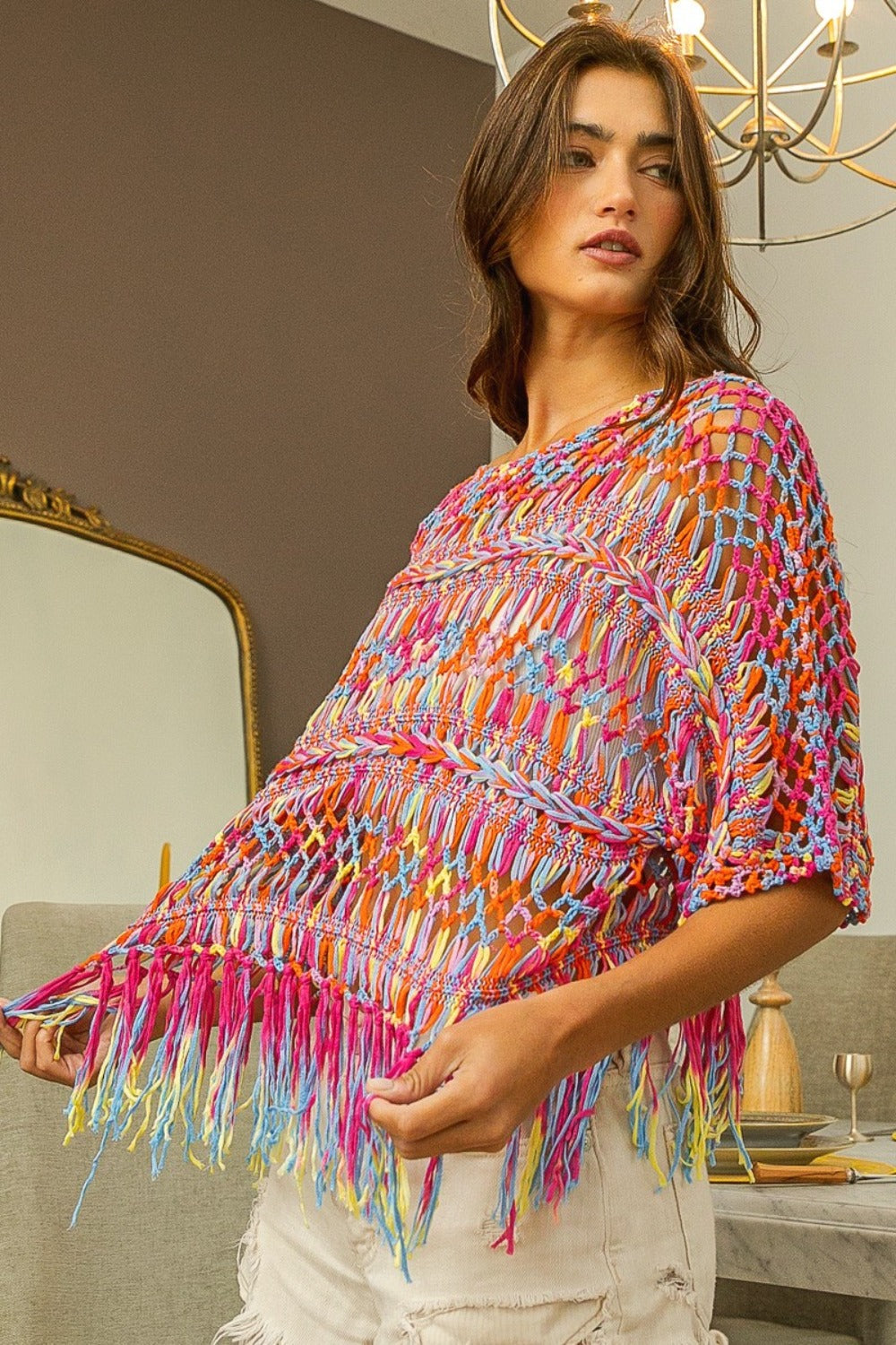 BiBi Openwork Fringed Knit Cover Up - felvior
