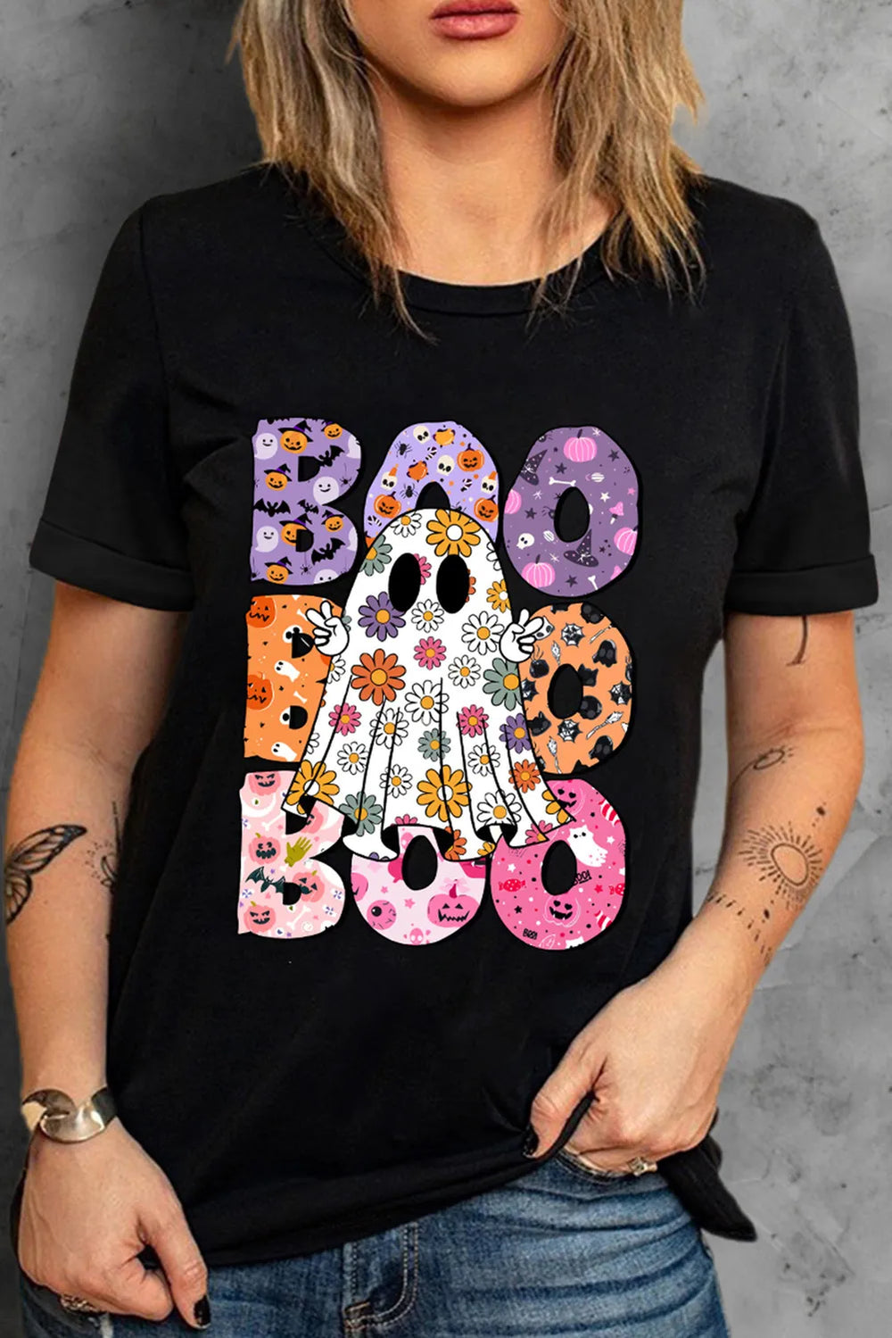 BOO Ghost Graphic Round Neck Short Sleeve T-Shirt - felvior