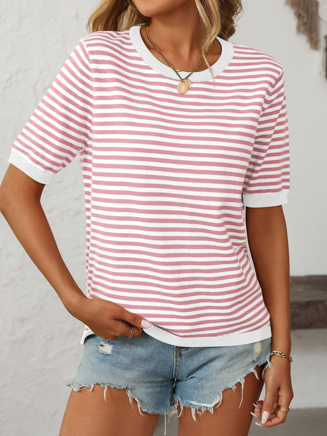 Mandy Striped Round Neck Half Sleeve Knit Top - felvior