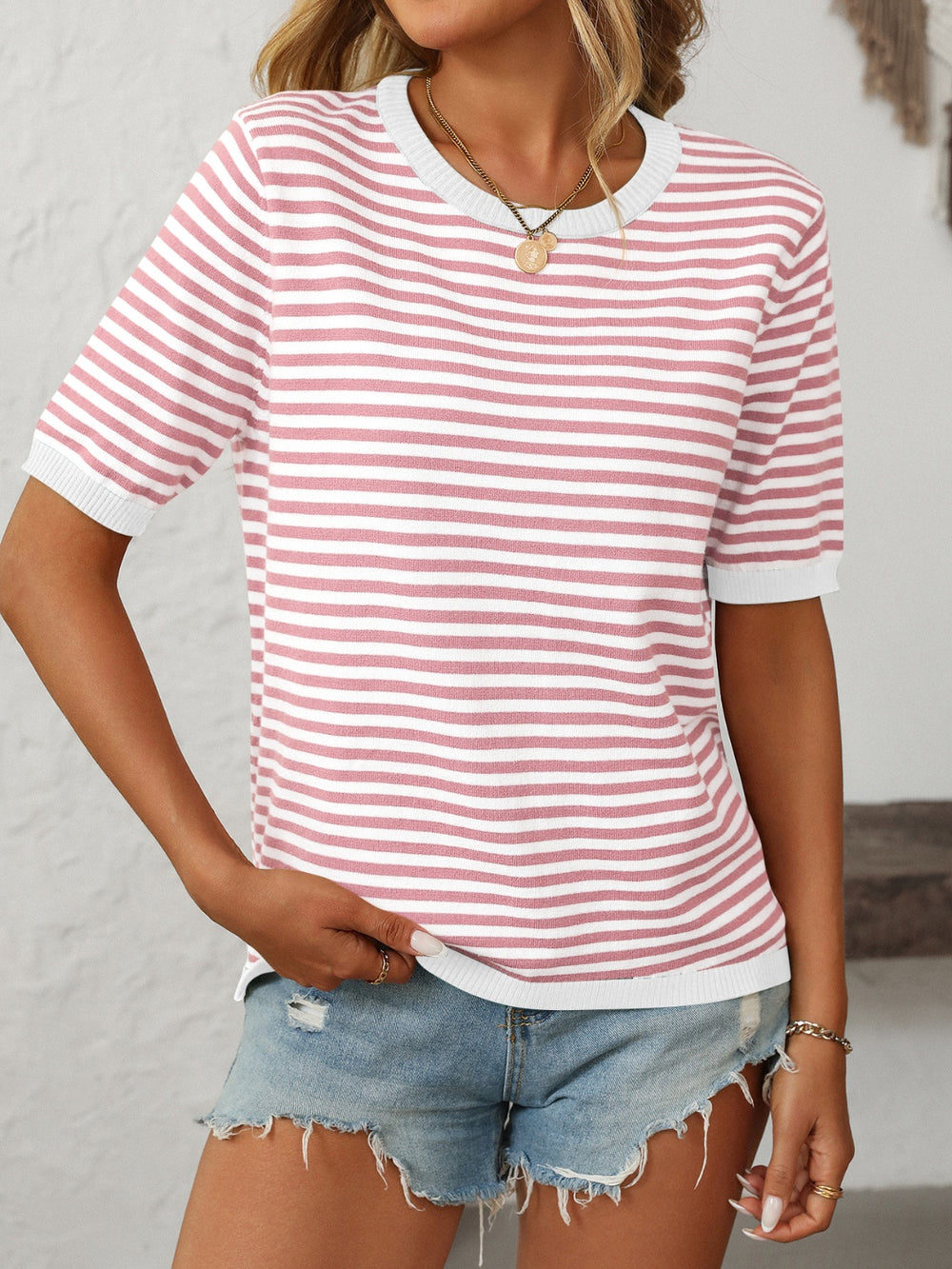 Mandy Striped Round Neck Half Sleeve Knit Top