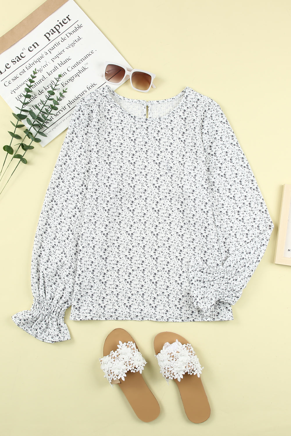 Printed Round Neck Flounce Sleeve Blouse