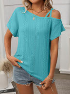 Eyelet Asymmetrical Shoulder Short Sleeve T-Shirt