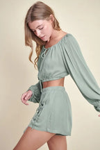 MABLE Gauze Long Sleeve Button Crop Top and Short Set