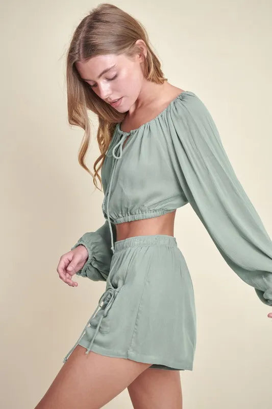 MABLE Gauze Long Sleeve Button Crop Top and Short Set