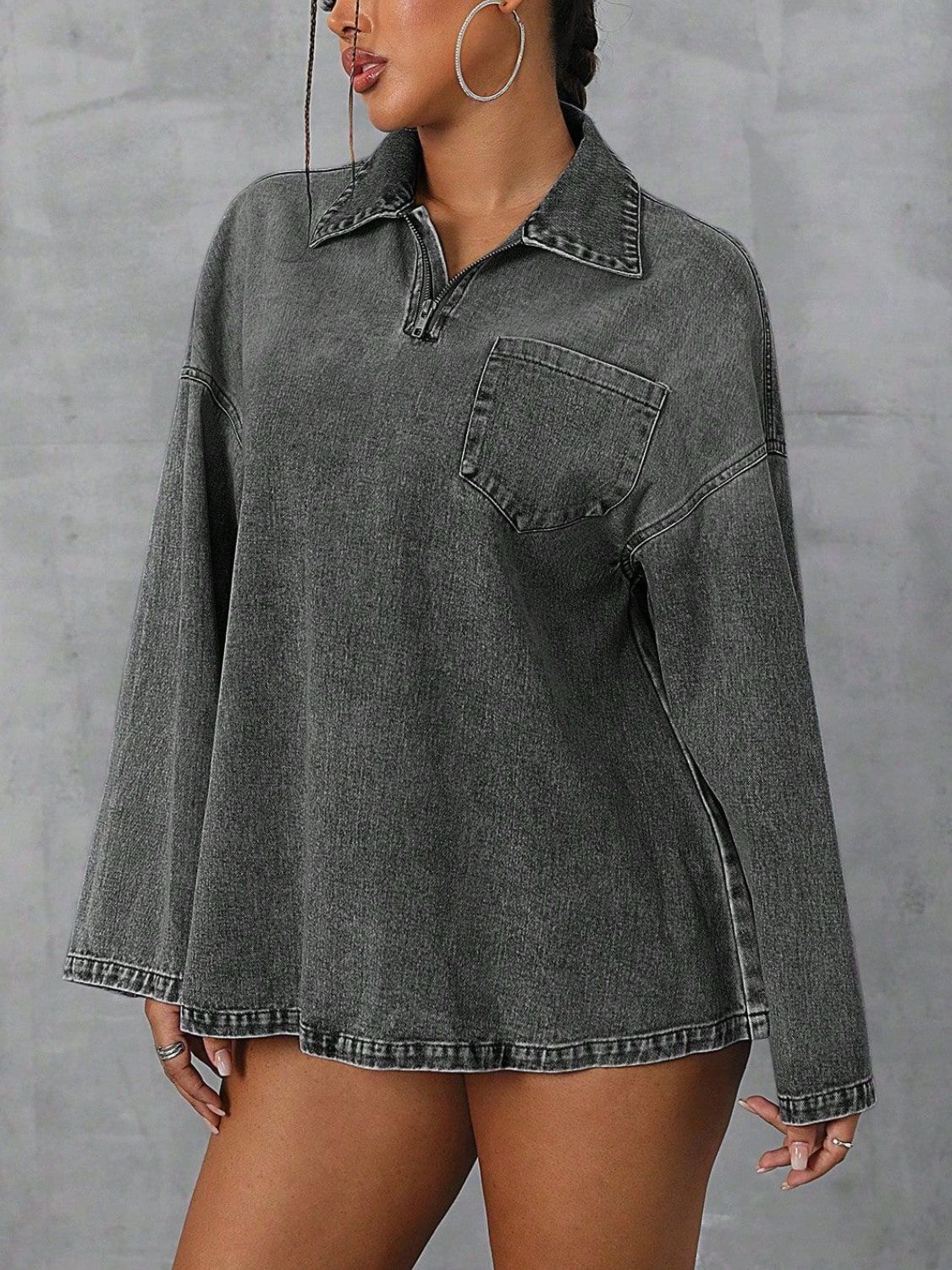 Collared Neck Drop Shoulder Denim Top - felvior