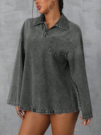 Collared Neck Drop Shoulder Denim Top