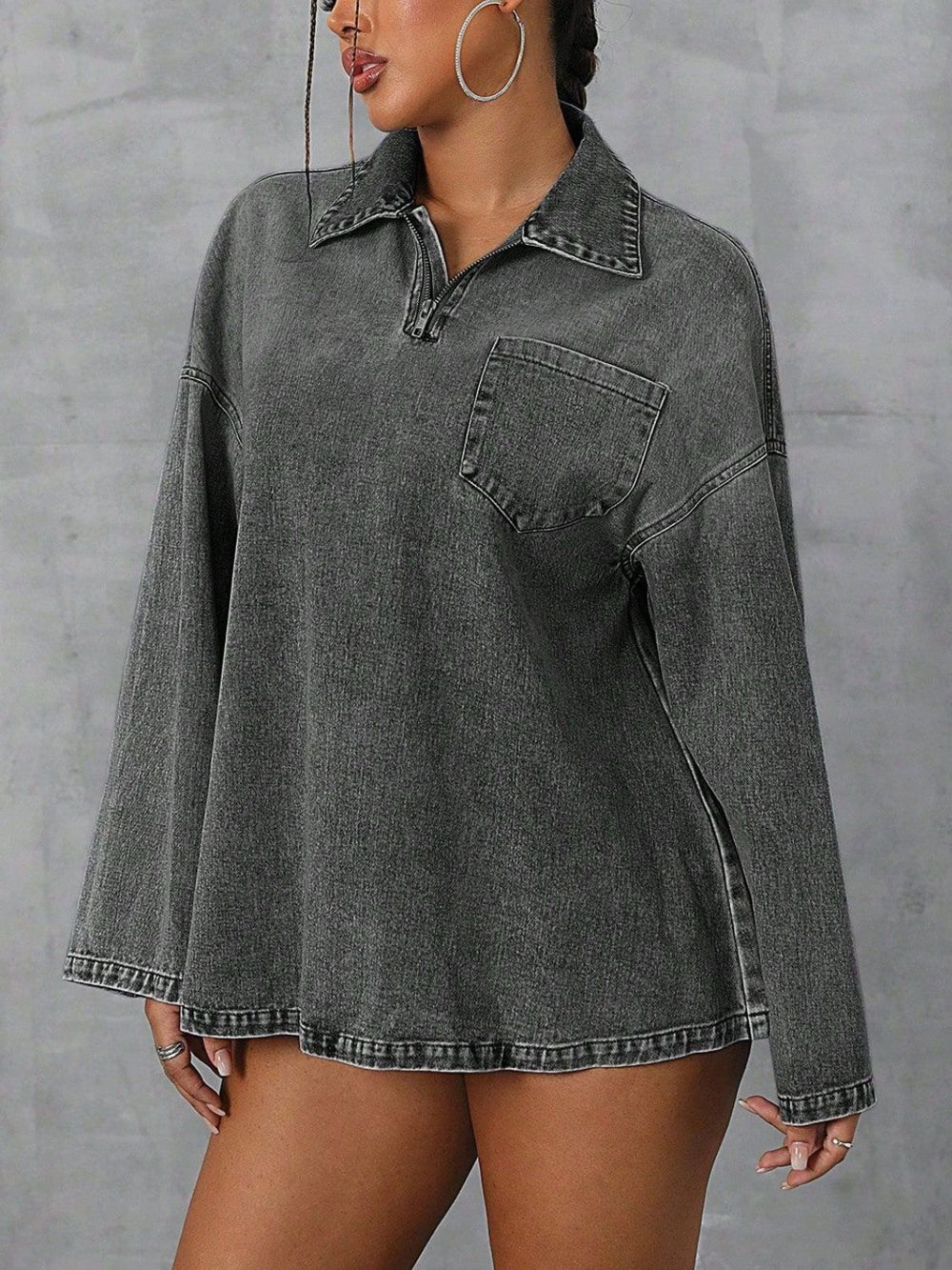 Collared Neck Drop Shoulder Denim Top