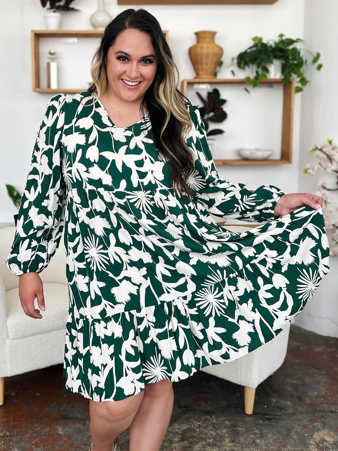 Double Take Full Size Printed Ruffle Hem Dress with Pocket - felvior