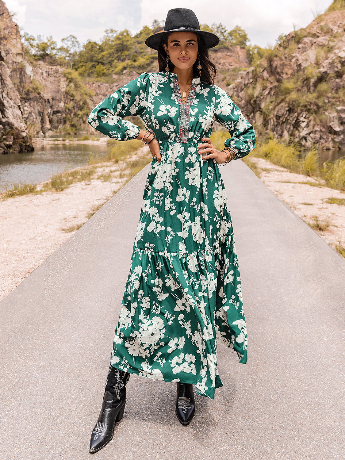 Printed Notched Neck Maxi Dress - felvior