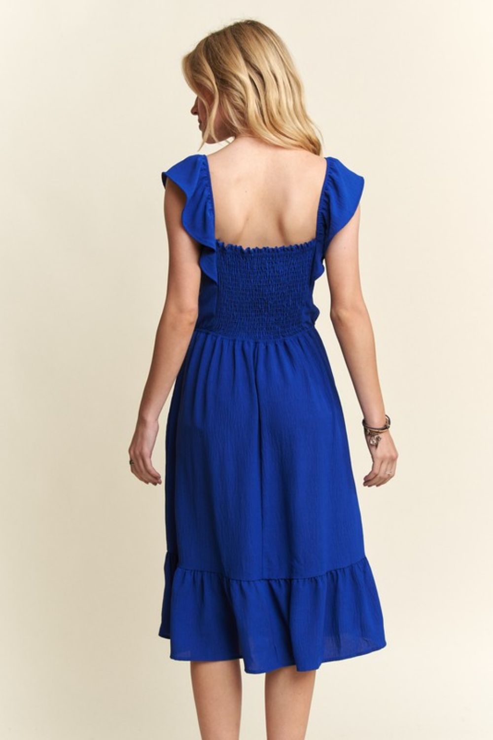 ADORA Smocked Square Neck Ruffled Cap Sleeve Dress - felvior