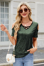 Sequin Cold Shoulder Short Sleeve Blouse