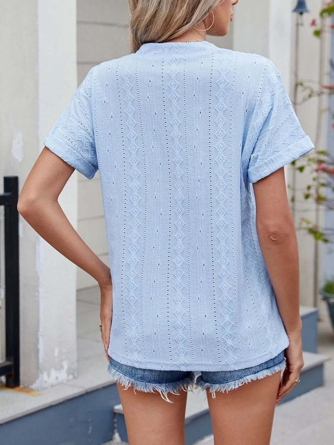 Eyelet Notched Short Sleeve Top