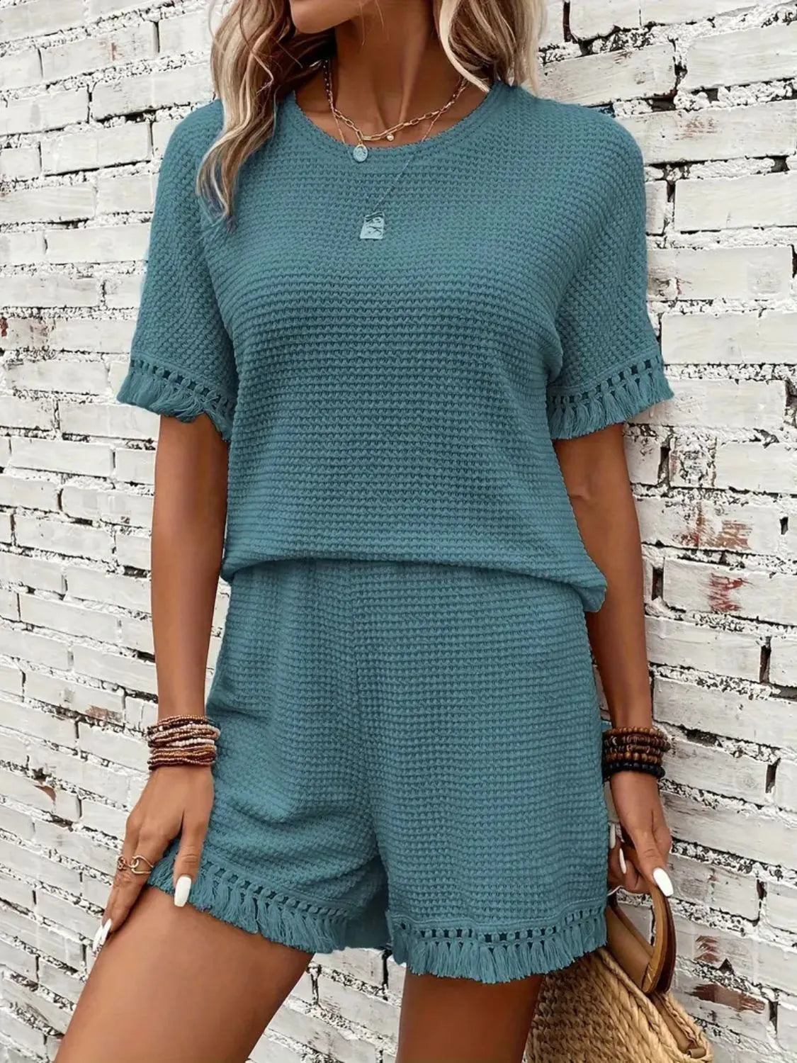 Tassel Round Neck Top and Shorts Set - felvior