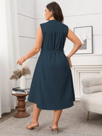 Plus Size Button Front Tie Waist Sleeveless Dress