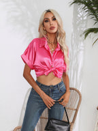 Button Down Collared Neck Short Sleeve Satin Shirt